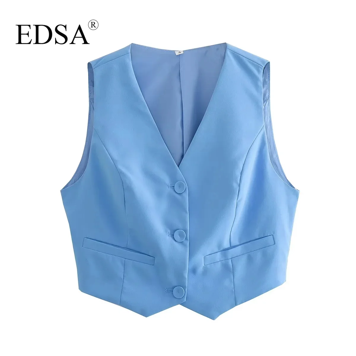 

EDSA Women Fashion Blue V-Neck Waistcoat Single Breasted Sleeveless Vest Coat Solid Color Front Button-Up Top