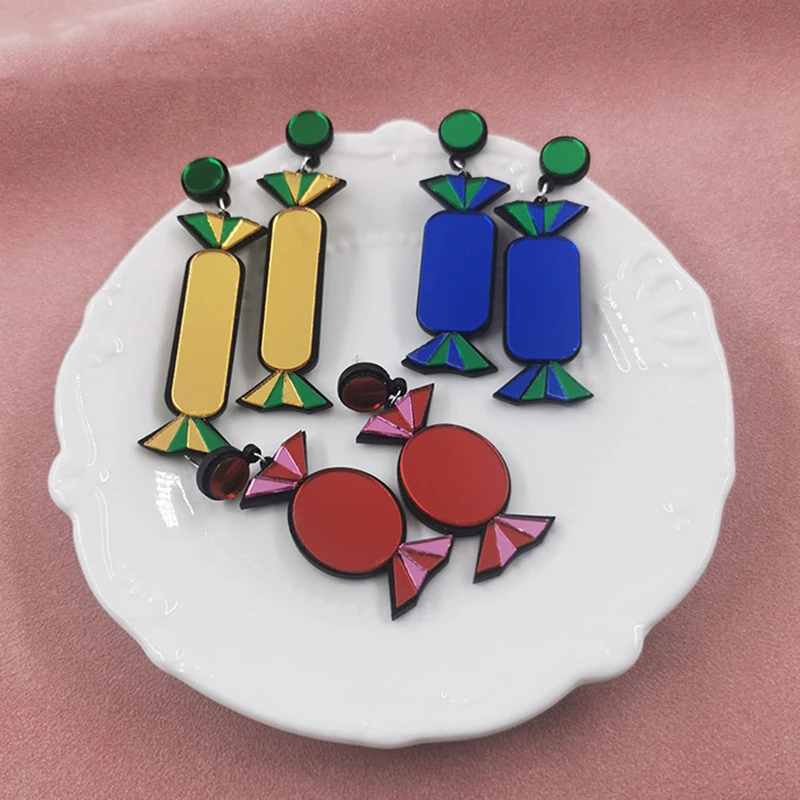 

New Fashion Yellow Blue Red Candy Mirror Acrylic Drop Earrings For Women Funny Cute Dangle Earrings Christmas Party Jewlery Gift