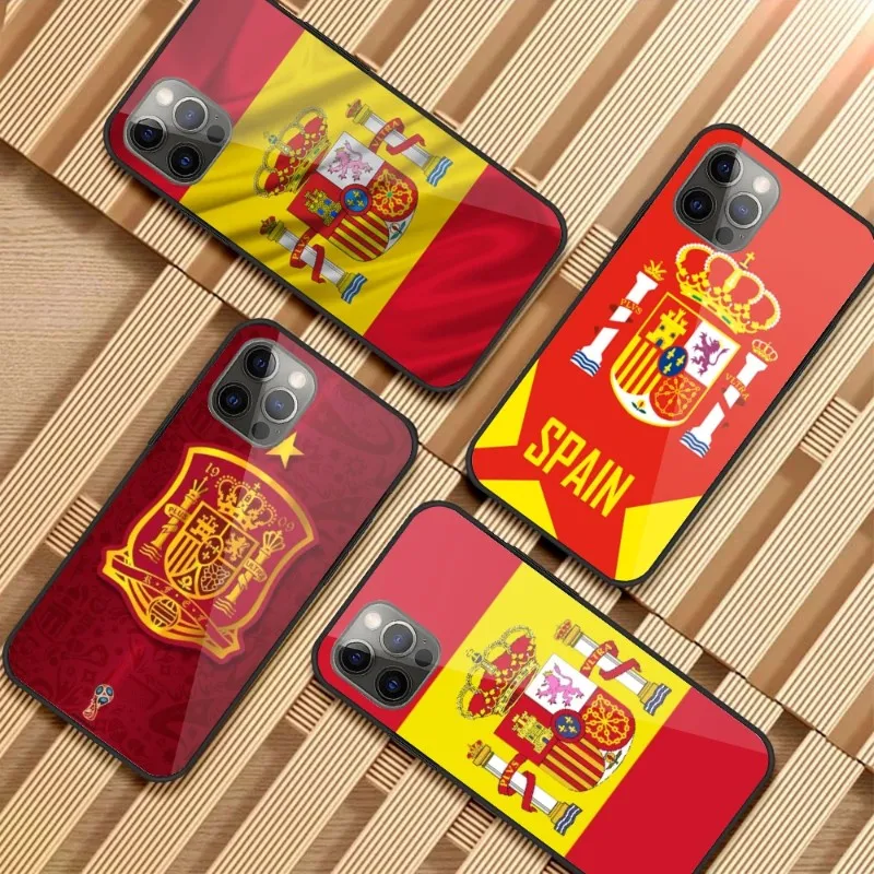 Spain National Emblem Flag Phone Case For IPhone 14 13 12 11 XS X 8 7 6 Plus Mini Pro Max SE 2022 Black PC TPU Glass Phone Cover