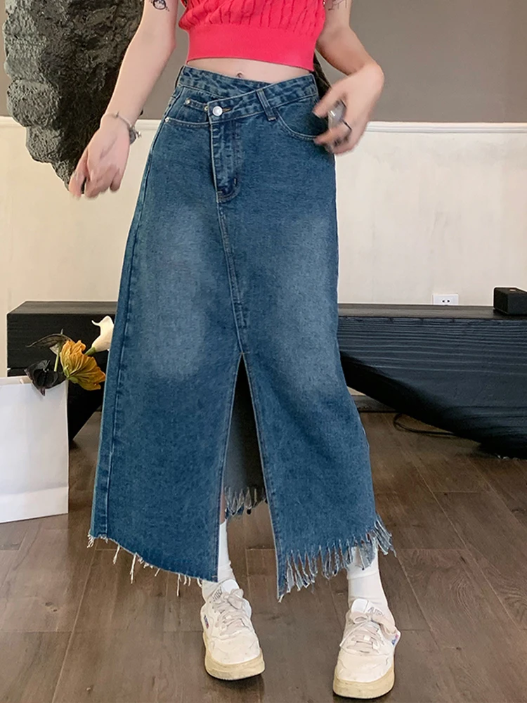

Retro Denim Skirt Irregular High Waist Slant Buckle Split Raw Edge A-Line Skirt 2022 Summer New Korean Fashion Women'S Clothing