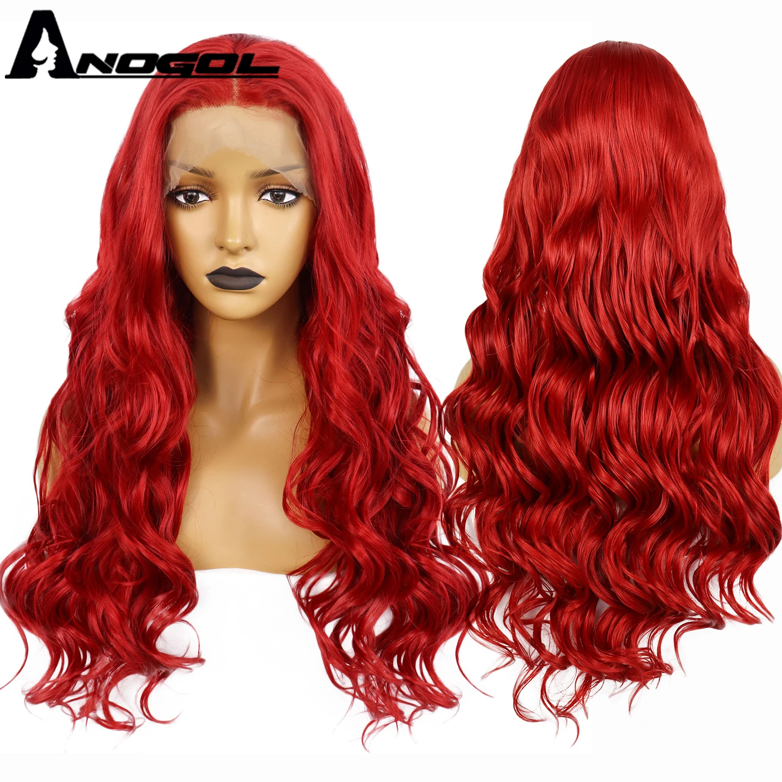 ANOGOL Synthetic Red Long Body Wave T PartLace Wig Brazilian Heat Resistant Fiber Body Wave  13X1 Lace Wigs For Black Women