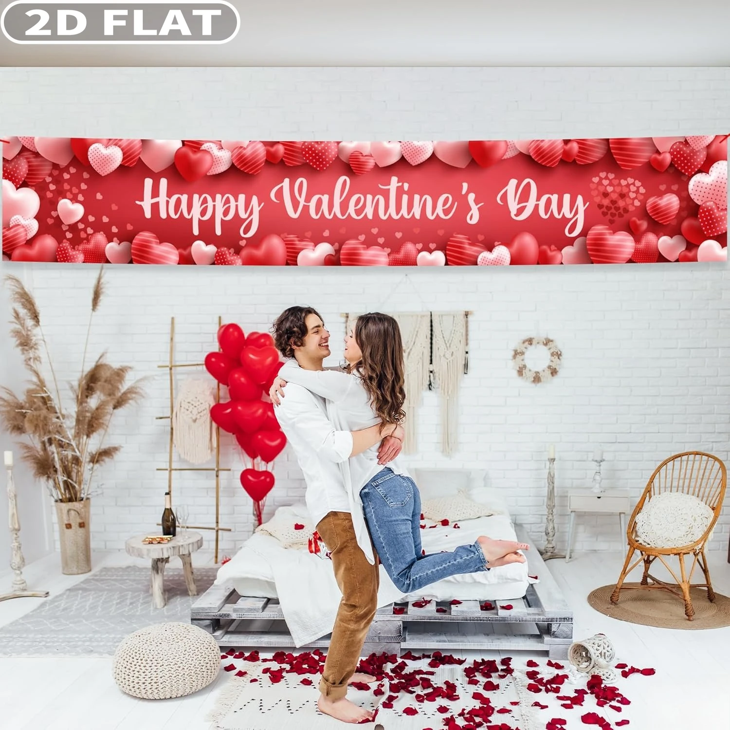 Фото 2D FLAT 1 шт. баннер для вечеринки в честь Дня святого Валентина - 120x20 дюймов |   Красный и розовый баннер на день Святого Валентина в форме сердца для наружного декора №5