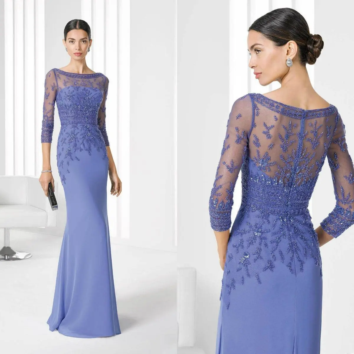 

Mother Of The Bride Dresses Jewel 3/4 Long Sleeves Illusion Appliqued Sequins Beaded Lavender Floor Length Wedding Guest Gown