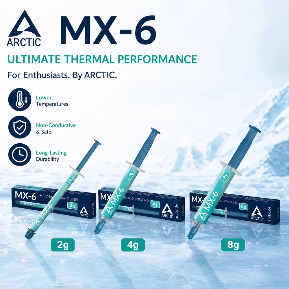 Фото Термопаста ARCTIC MX-6 2G 4G 8G с высокой теплопроводностью для процессоров, видеокарт, ноутбуков, консолей (непроводящая) №1