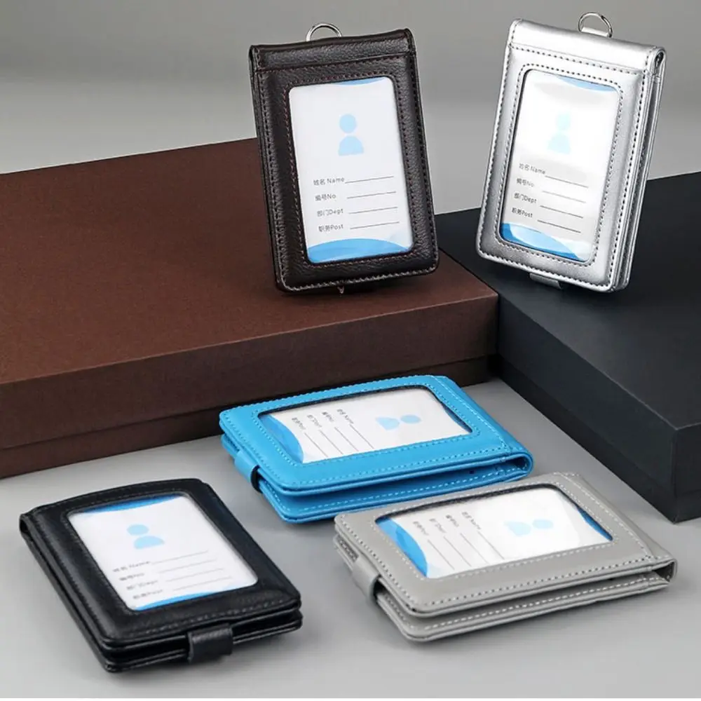 Фото Кожаный держатель для бейджей и пропусков с защитной застежкой, чехол для рабочих карт сотрудников с ремешком, 5 слотов, откидной нагрудный картхолдер №5