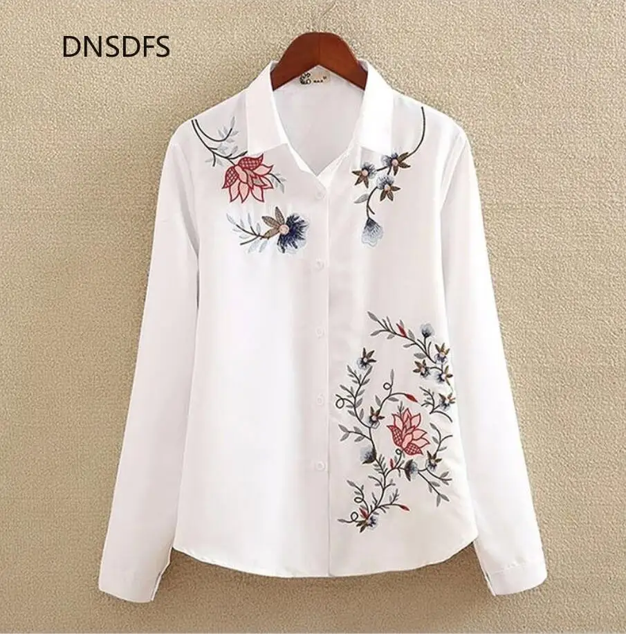 

Flower Shirt Women Embroidery White Tops Blouses Casual Long Sleeve Oversize Shirts Work Lapel Office Blouse Blusas Mujer