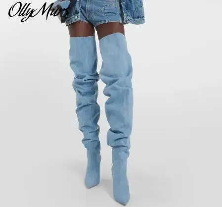 

Ollymurs Light Blue Denim Pointed Toe Pleated Loose Over The Knee Boots Women Tube Slip On Thin Heels Thigh Long Botas Shoe
