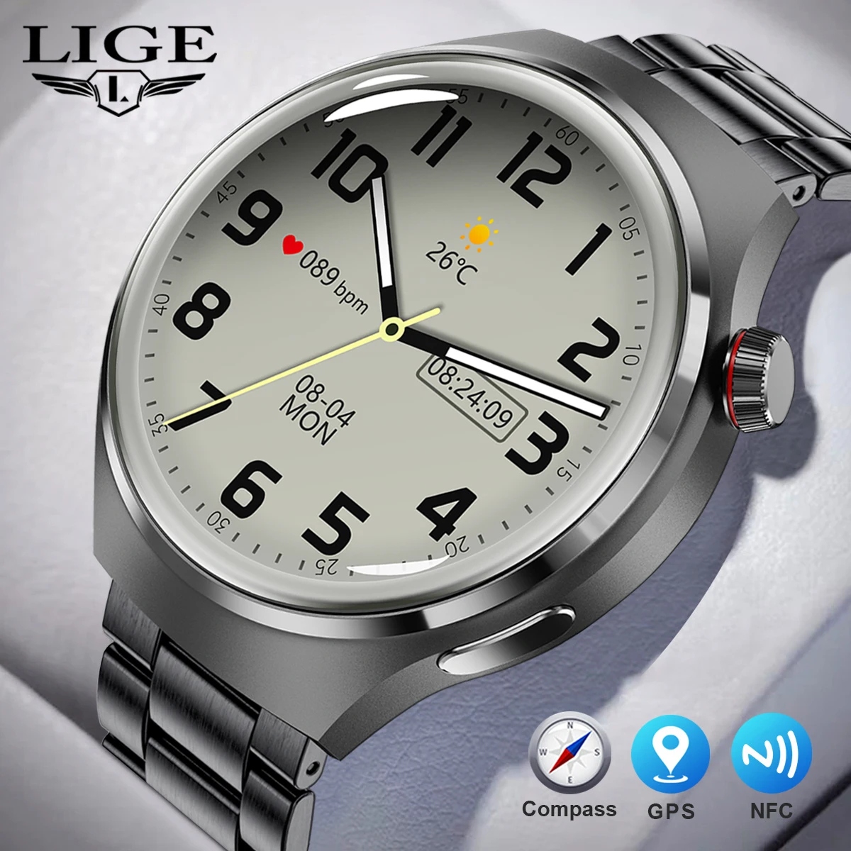 

LIGE New NFC Smart Watch Men Compass HD Screen Always Display The Time Bluetooth Call IP68 Waterproof GPS Smartwatch For Xiaomi