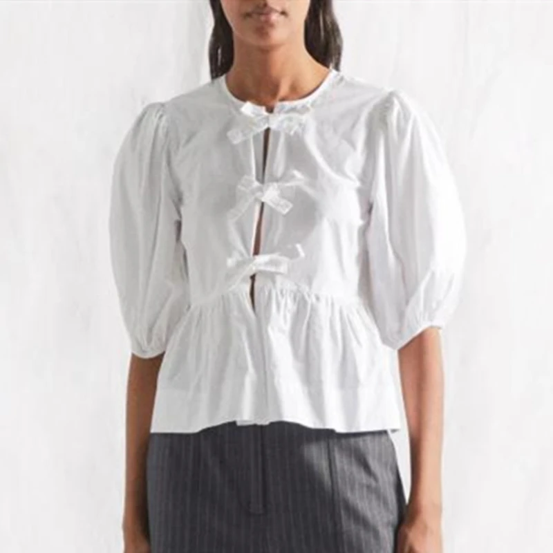 

Women Sweet Shirt tops Bow Tie Puff Sleeve Round Neck Ladies Loose Blouse