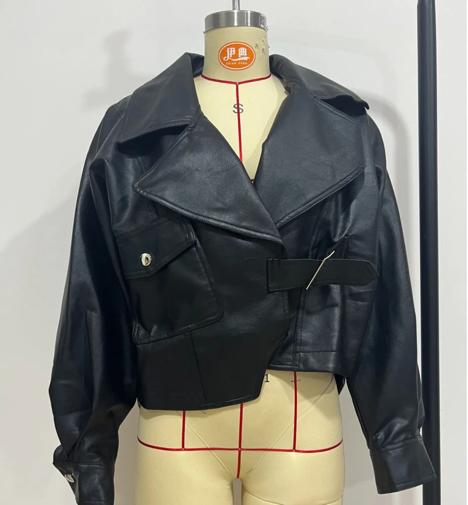 2022 Leather Jacket Fashion Autumn Winter Pu Chest Pocket Casual Loose Long Sleeved Leather Women's Coat