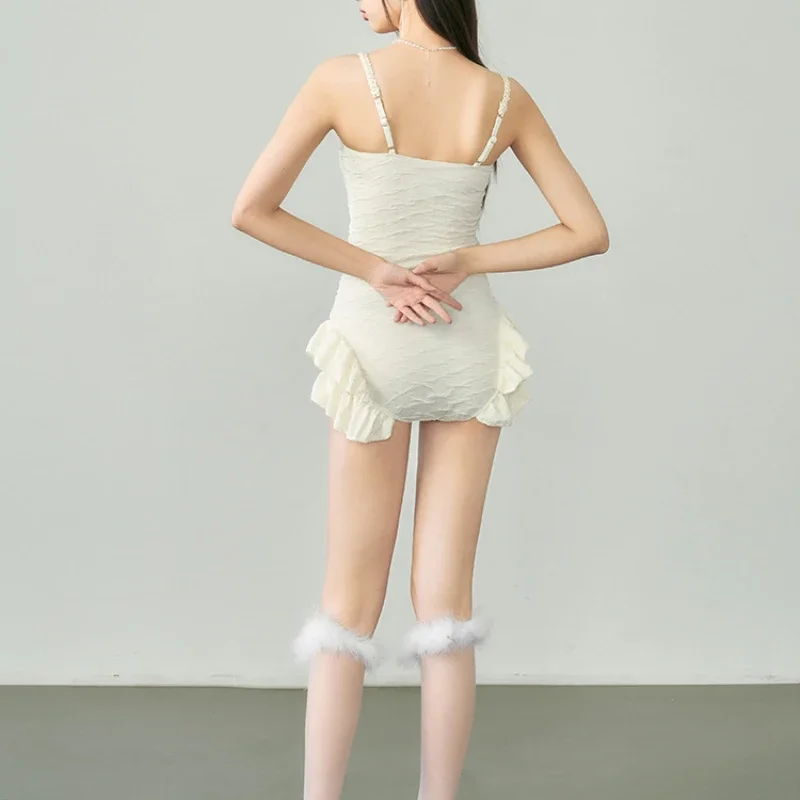 Y2K бежевый цельный купальник милые девушки с высокой талией без рукавов для