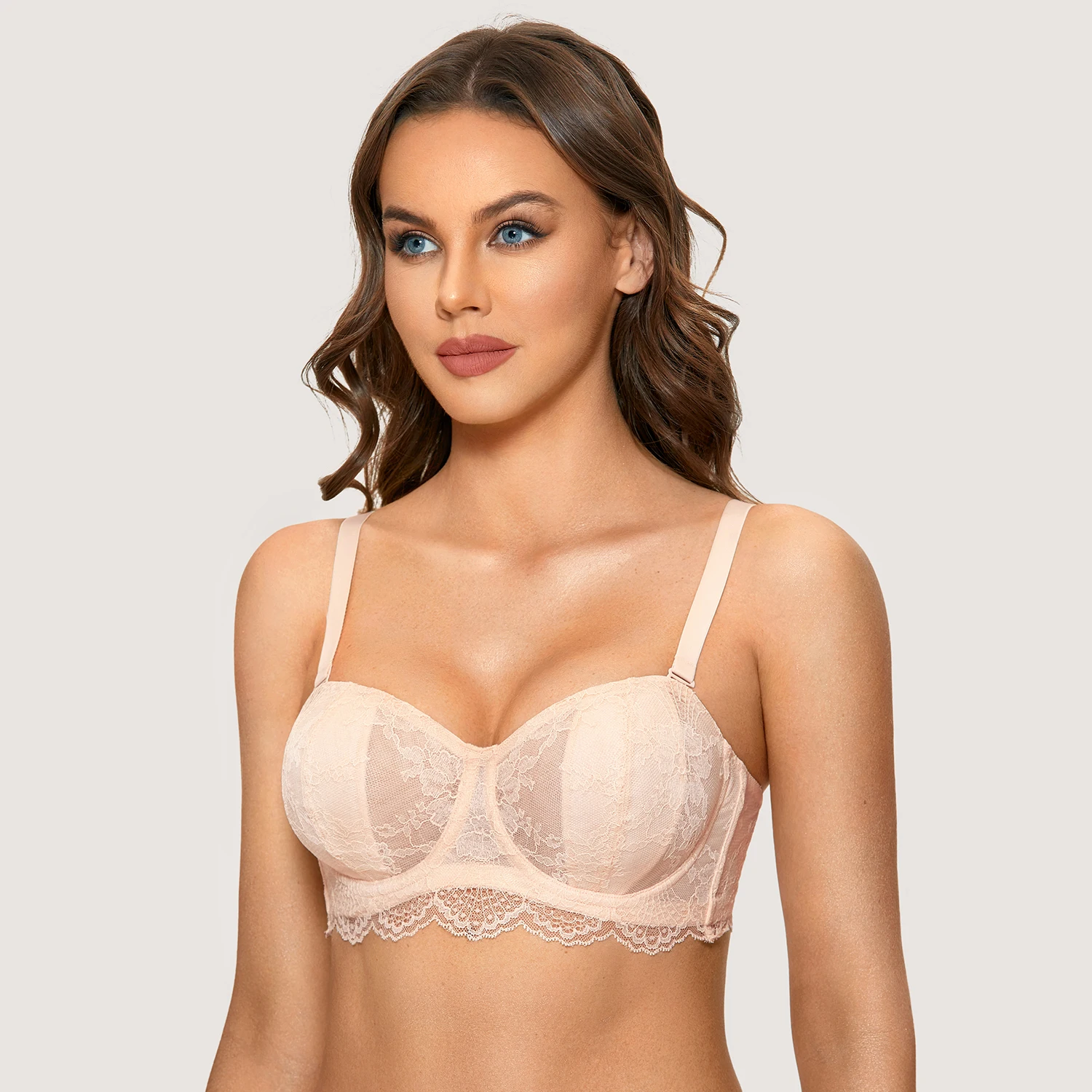 DOBREVA Women's Strapless Lace Bra No Padding Plus Size Sexy Transparent Underwire Partially Lined See Through Bandeau D DD E