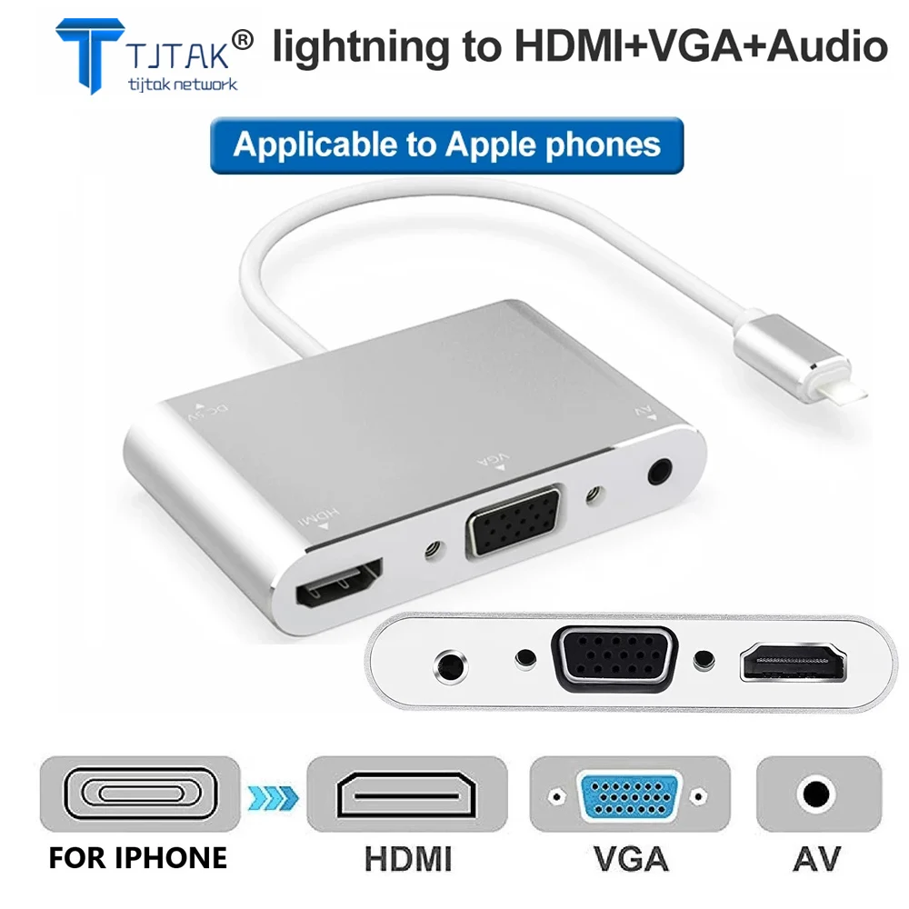 

4 In1 Digital Audio Video HDTV Converter for IPhone To HDMI VGA AV Adapter for IPhone Xs X XR 8 7 6plus for IPad Air/mini/pro