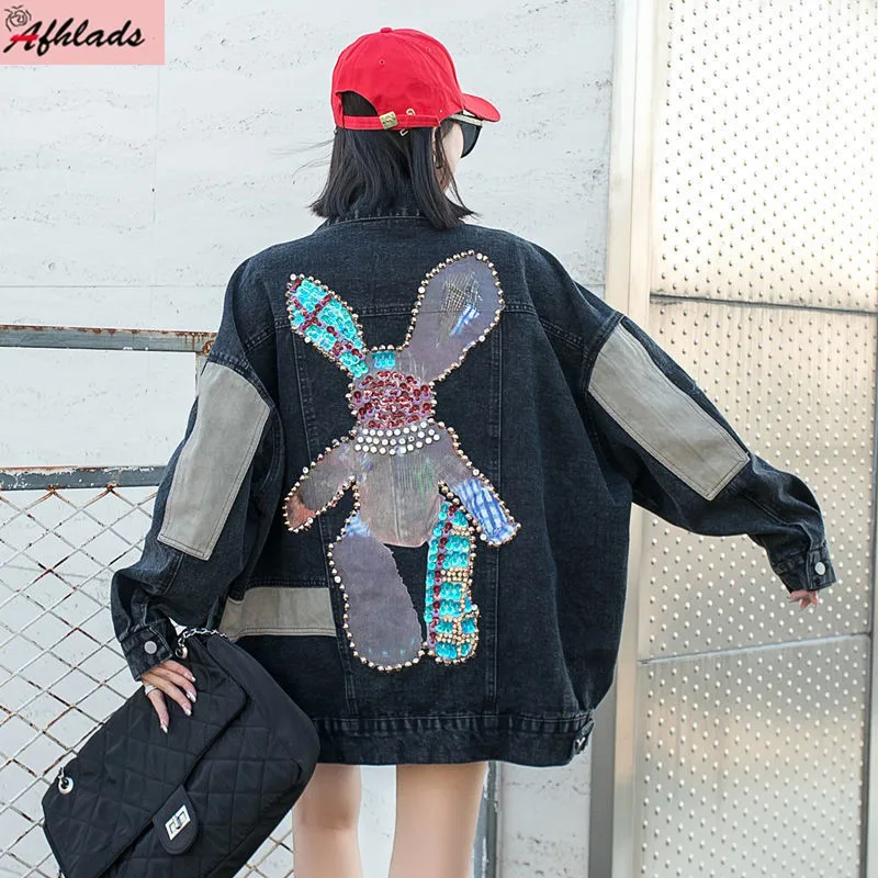 

Куртка женская джинсовая с длинным рукавом, свободная однобортная верхняя одежда из денима с отложным воротником, с мультяшным принтом, украшенным бисером, уличная одежда