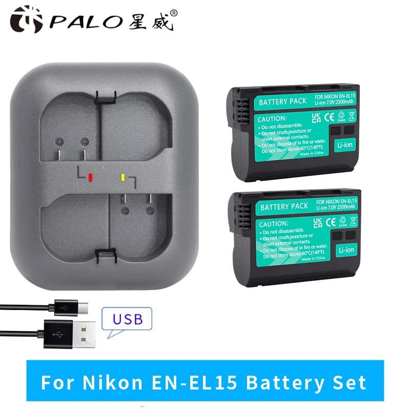

PALO 2Pcs 2500mAh EN-EL15 ENEL15 Battery + Charger For Nikon D7000 D7100 D800 D800E D600 D610 D810 D500 D7200 V1 Batterie