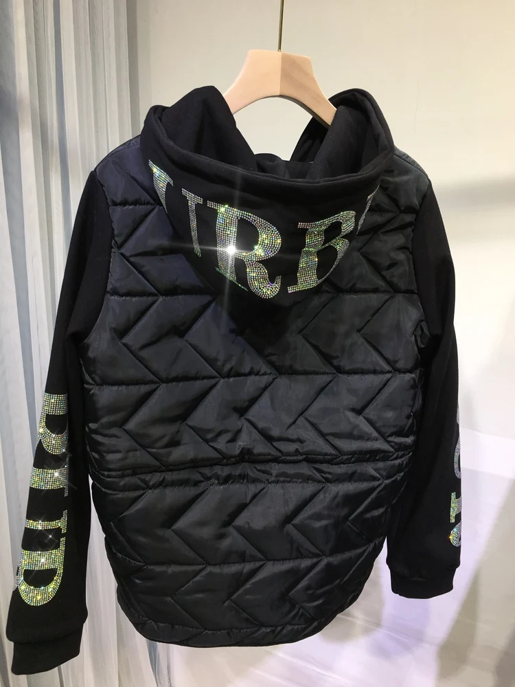 Quilted Cotton-padded Coat 2022 New Autumn Winter Letter Hot Drilling Black Wadded Jacket Streetwear Long Sleeve Hooded Parkas