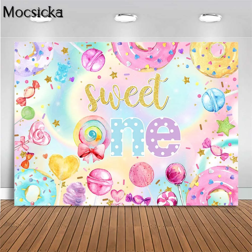 

Mocsicka Sweet One Baby 1st Birthday Backdrop Candyland Lollipop Donut Kid Girl One Birthday Party Photo Background Decor Banner
