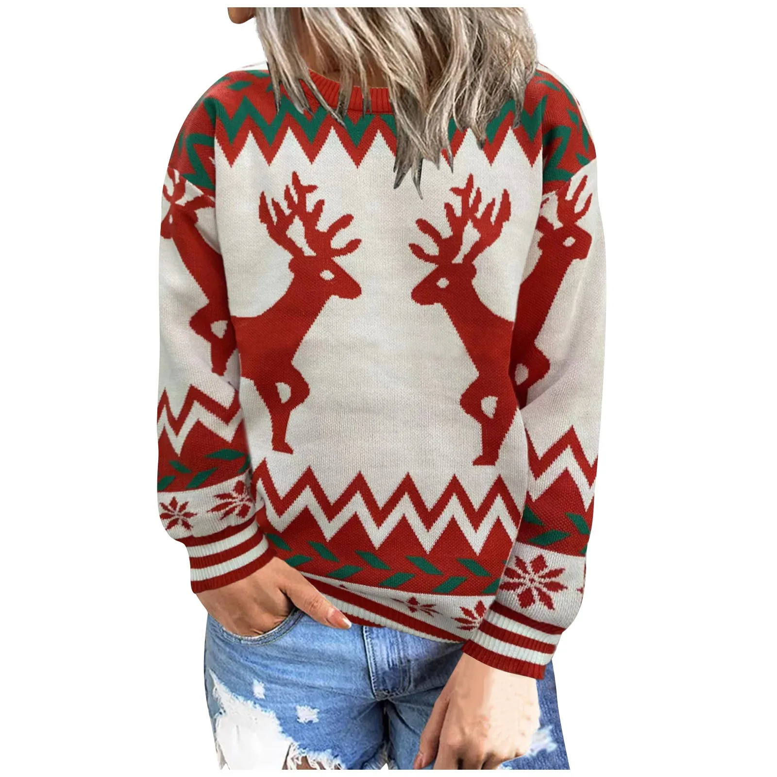 

Рождественский вязаный свободный женский свитер с круглым вырезом зимний модный теплый пуловер свитер Повседневный Женский шикарный Универсальный свитер