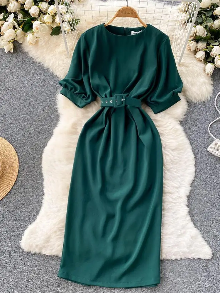 

ZCWXM Sexy Split Women Summer Dress Gentle Zipper Slim Temperament Elegant Sashes Office Ladies A Lline Solid Long Dresses