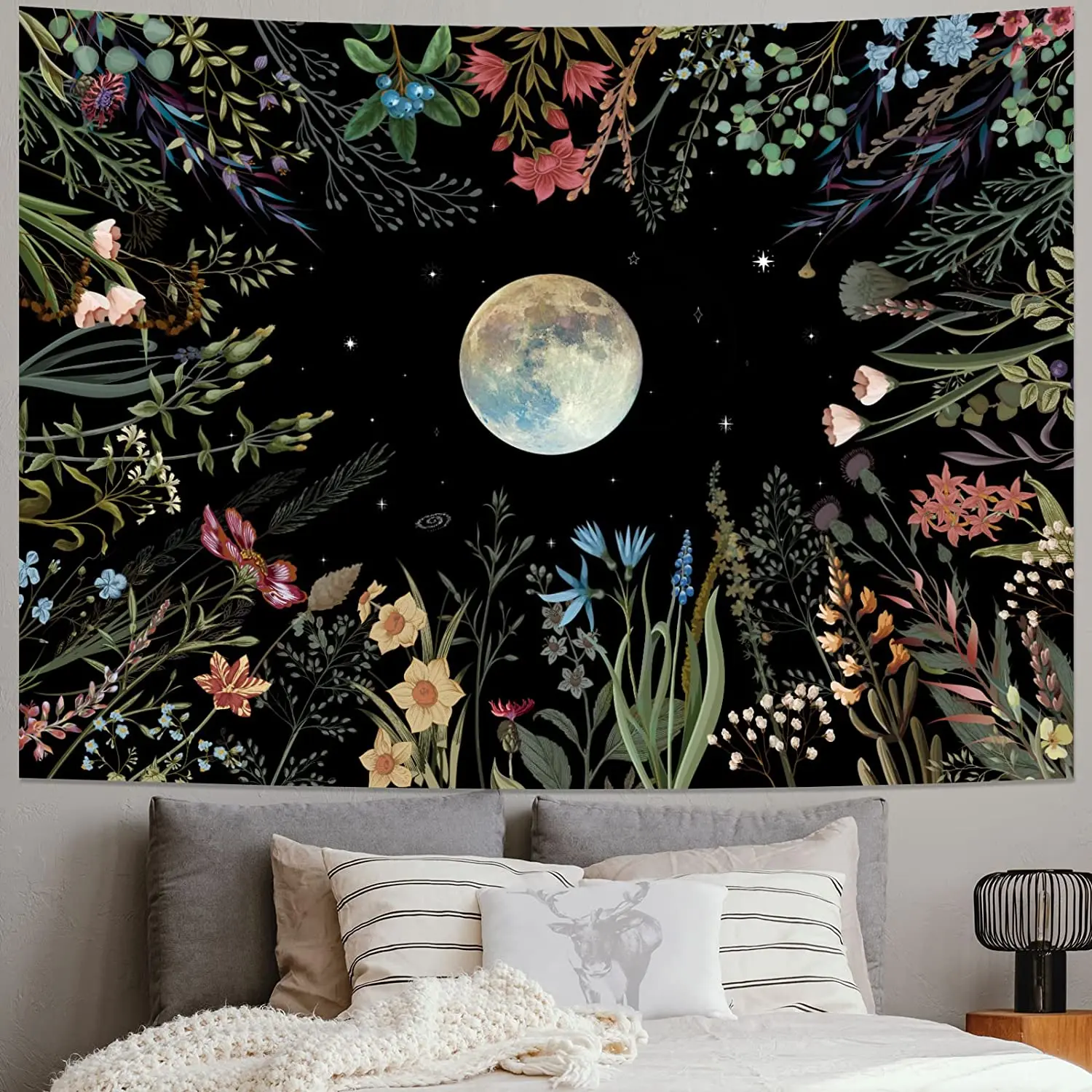 

Moonlit Garden Tapestry Moon Wall Hanging Flowers Bedroom Aesthetic Art Decoration Floral Plants Home Room Decor Poster Tapiz
