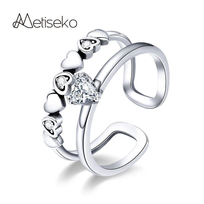 

Metiseko 925 Sterling Silver 2-Layer Heart Shape Ring with Cubic Zirconia Resizable Open Ring Imitate Double Rings for Women