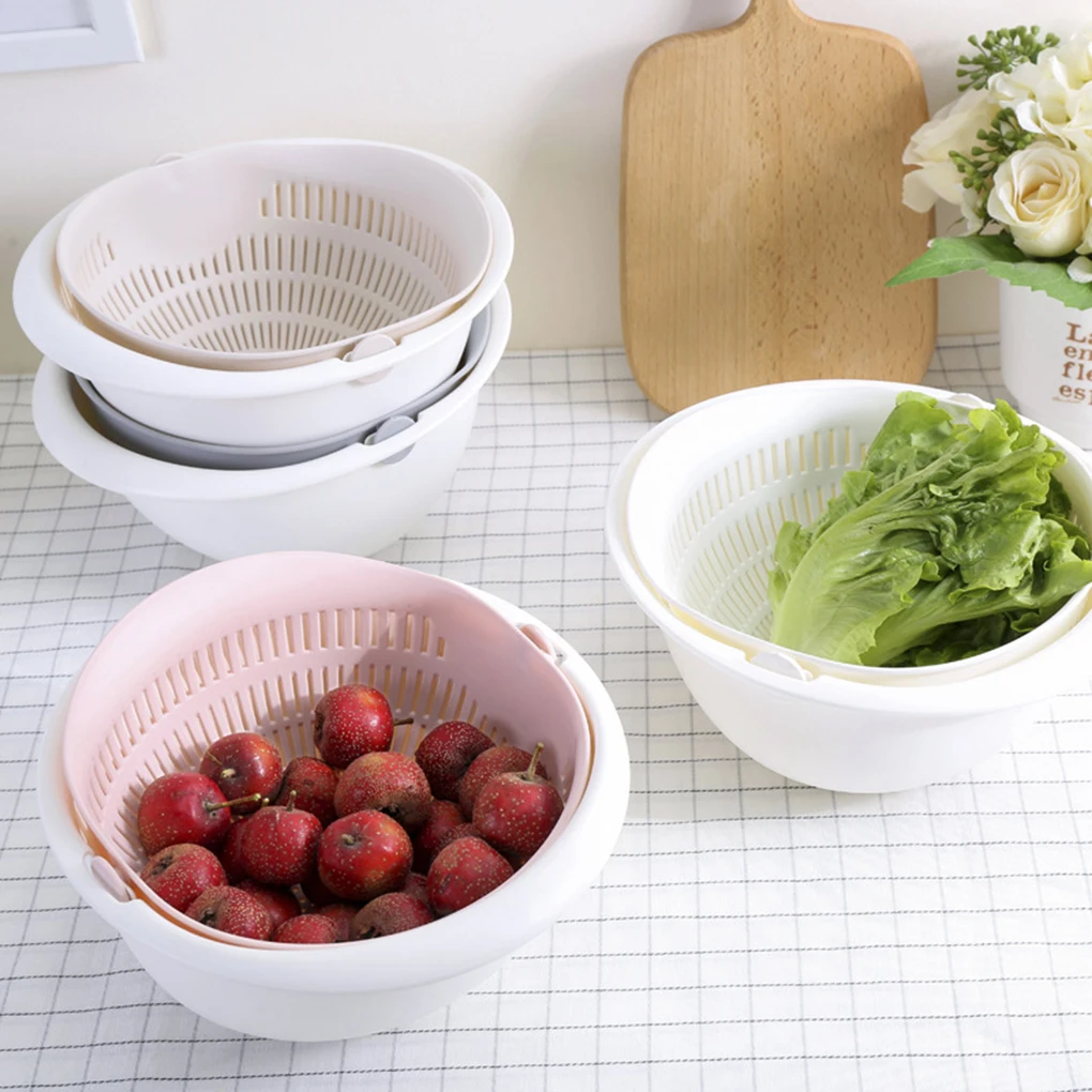 Household Plastic Spin Fruit Bowl Double-Layer Wash Fruit Drain Basket Vegetables Drainage Sieve