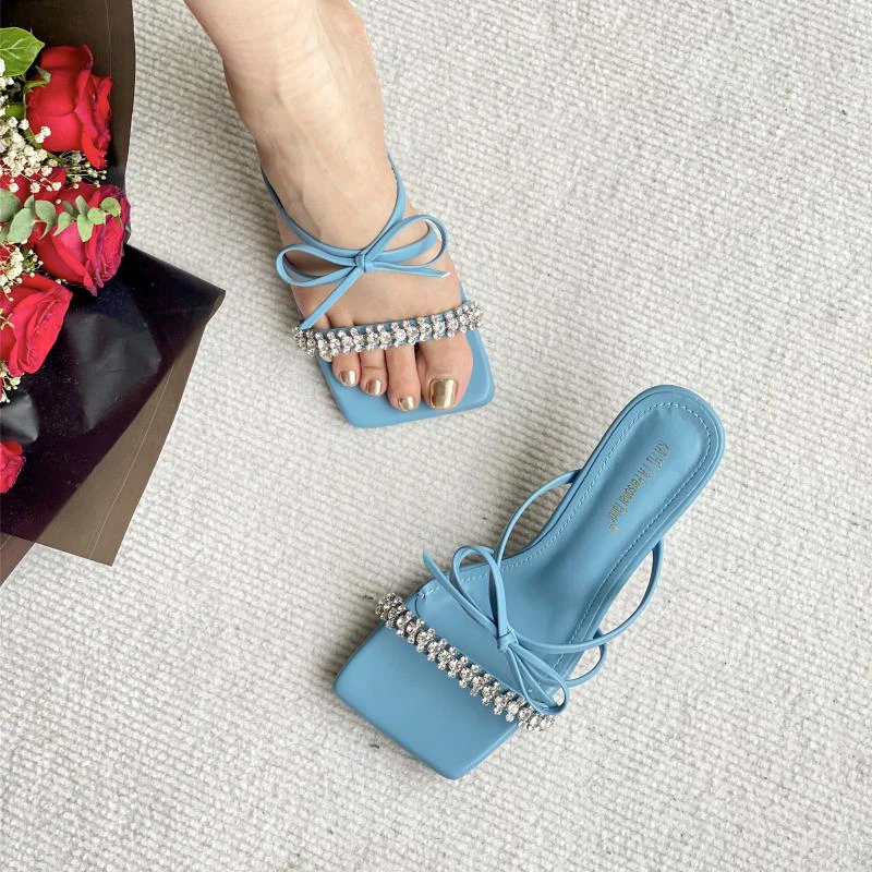 NIUFUNI 2022 Summer Rhinestone Straps Sandals Bow Square Toe Open Toe Stiletto Women Slippers Elegant Slides Fashion Dress Shoes