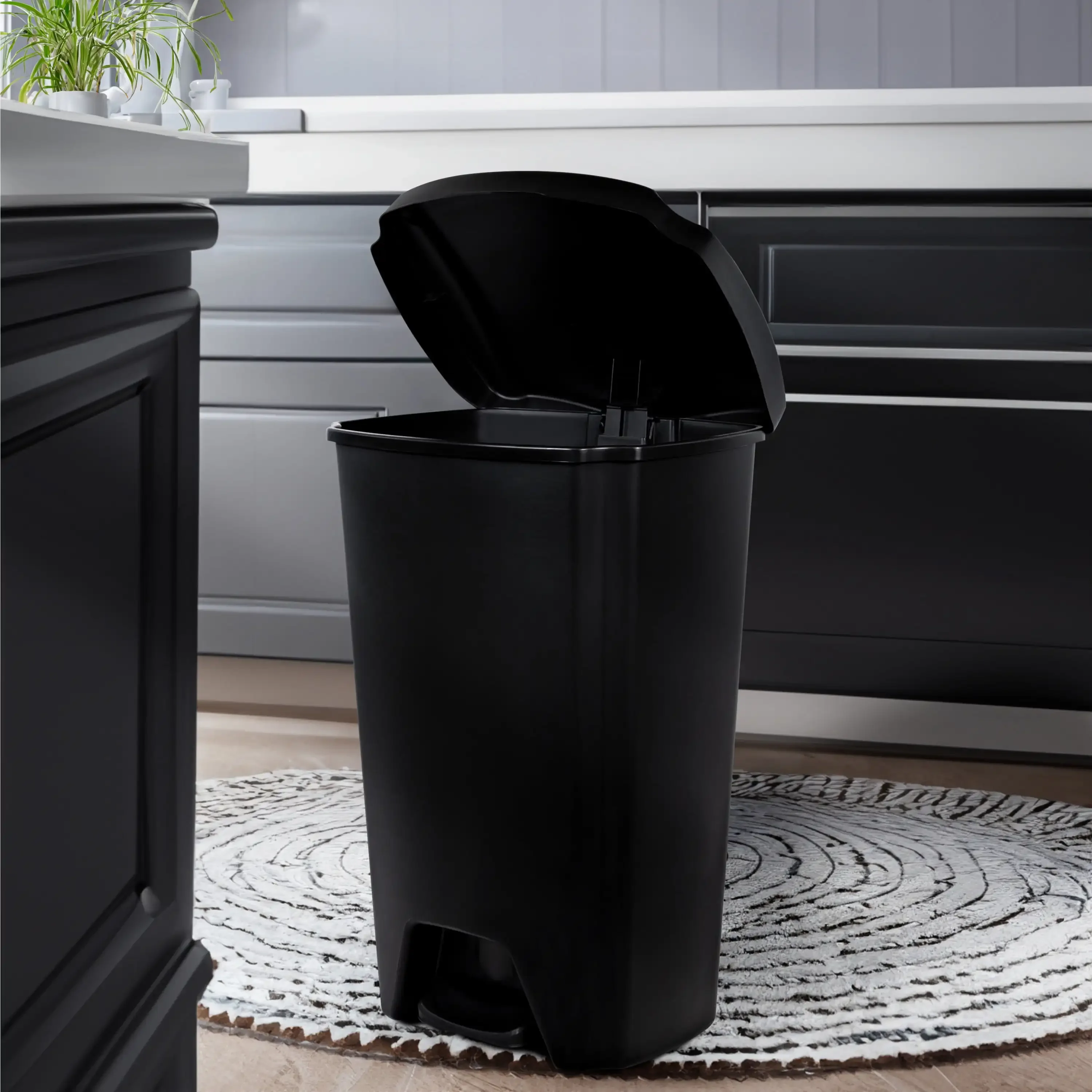 

12.1 Gallon Trash Can, Plastic Step On Kitchen Trash Can, Black kitchen trash bin Rapid Transit