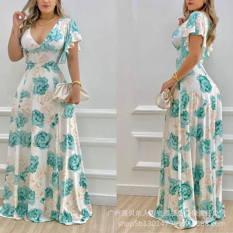 

Женское платье с высокой талией, Элегантное повседневное платье до пола с цветочным принтом, коротким расширяющимся книзу рукавом и V-образным вырезом, лето