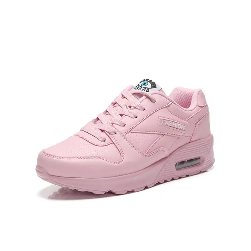 Women Fashion Sneakers Air Cushion Sports Shoes PU Leather Black Shoes Lace-up Outdoor Walking Jogging Shoes Female Trainers