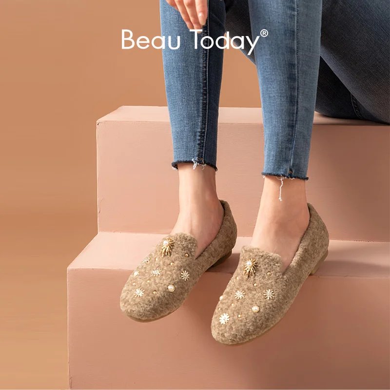 

Winter Fur Shoes Women Loafers Knitting Wool Metal Bling Decoration Round Toe Slip-On Female Flats Handmade 27835