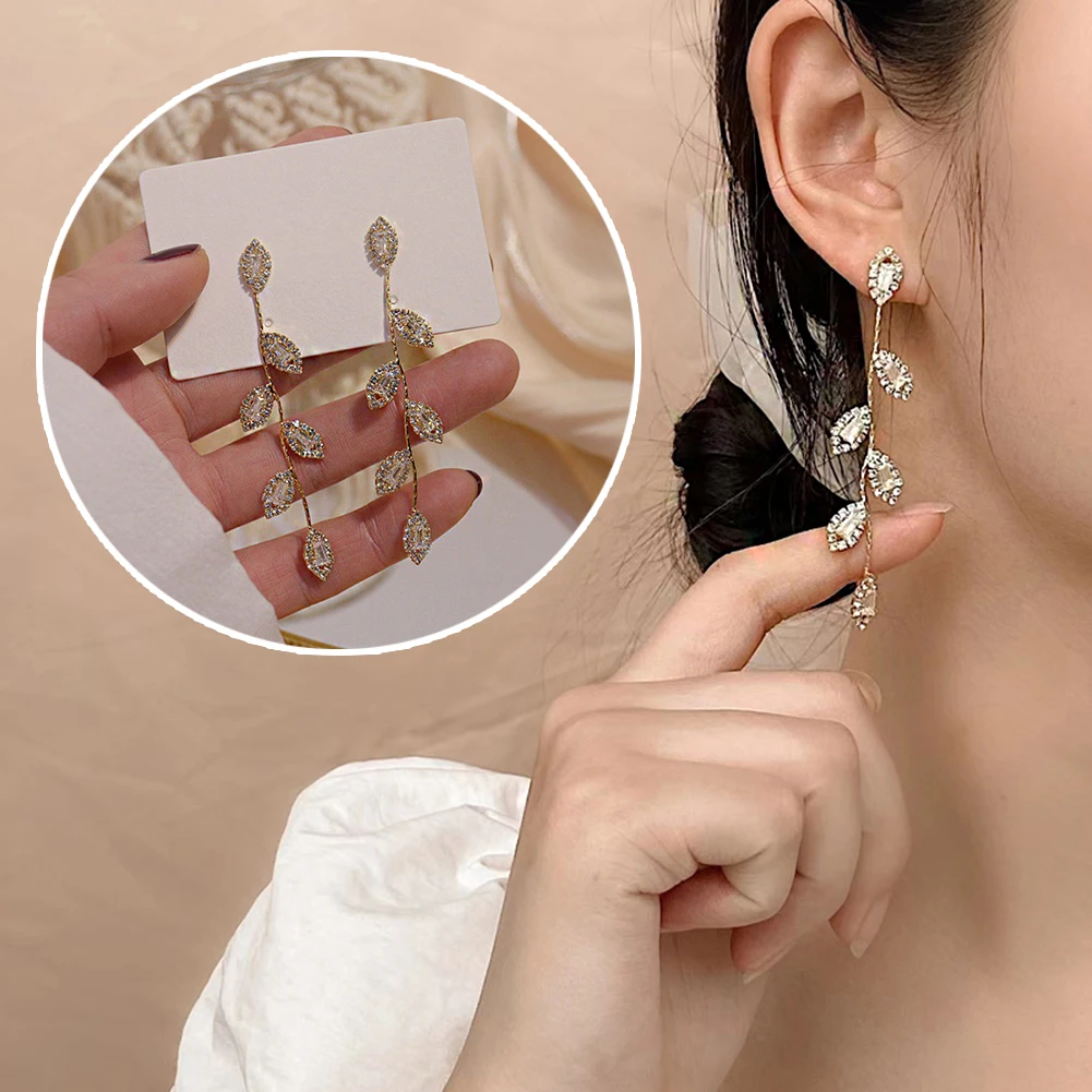 

Long Silver Stainless Steel Crystal Leaf Tassel Drop Earrings For Women Wedding Fashion 2022 Jewelry Gift