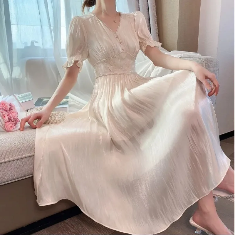 

Женское платье с жемчужинами, элегантное милое пляжное платье в Корейском стиле, вечернее винтажное платье с бусинами, лето 2021