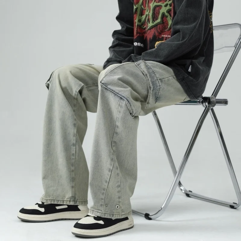 Baggy Jeans Men Fashion Retro Pockets Cargo Jeans Men Japanese Streetwear Hip Hop Loose Straight Denim Pants Mens Trousers M-2XL