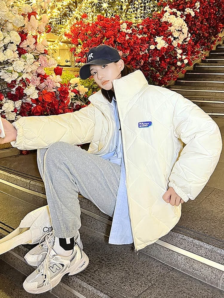 New Fashion Rhombus Pattern Winter Women Parkas Jacket Retro Stand Collar Loose Cotton Padded Winter Coat Clothes