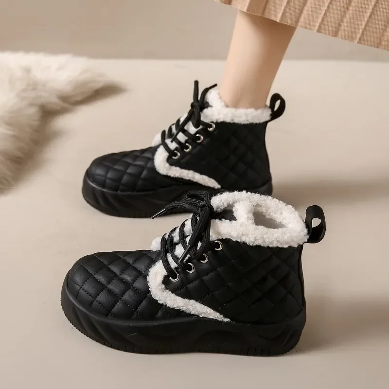 

Теплые зимние высокие кроссовки для женщин, новые женские ботинки со шнуровкой и бархатной подкладкой на платформе для снега, Уличная Повседневная прогулочная обувь