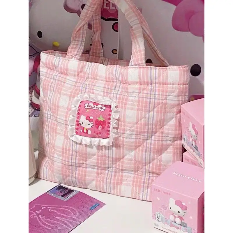 Kawaii Sanrio Hello Kittys Bag Handbag Canvas Bag Lunch Bag Thickened Book Ipad Bag Cute Plaid Series Backpack Girls Toys Gift