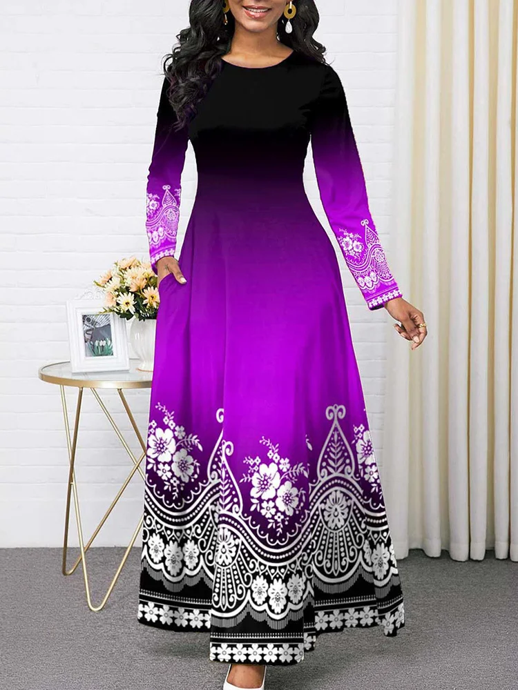 

Spring Autumn Women Long Sleeve Dress Retro Print Round Neck Female Maxi Dress Streetwear Casual Ankle-Length Dress With Pocket