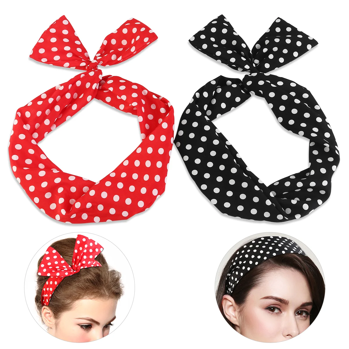 

Headbands Headband Polka Dot Women Bow Hair Retro Red Band Tie Wrap Wire Bandana Head Bowknot Hairbands Cloth Rockabilly Vintage