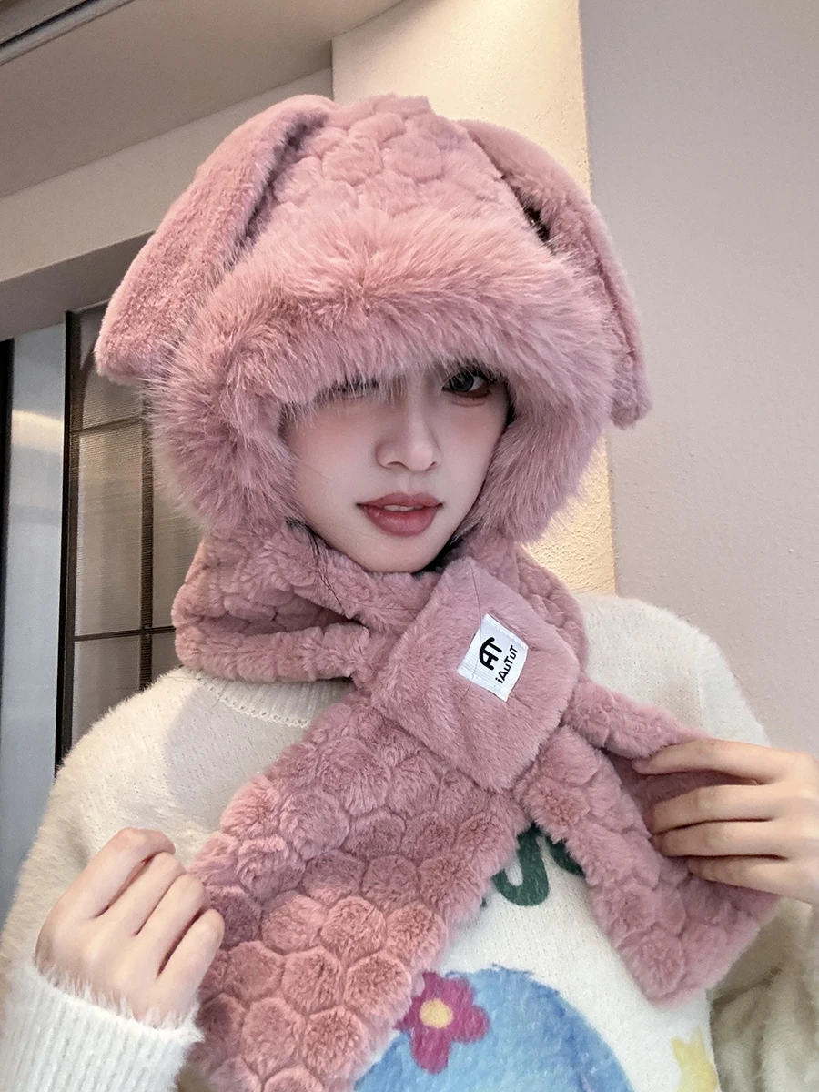 Милая шапка с заячьими ушками шарф интегрированные женские зимние велосипедные