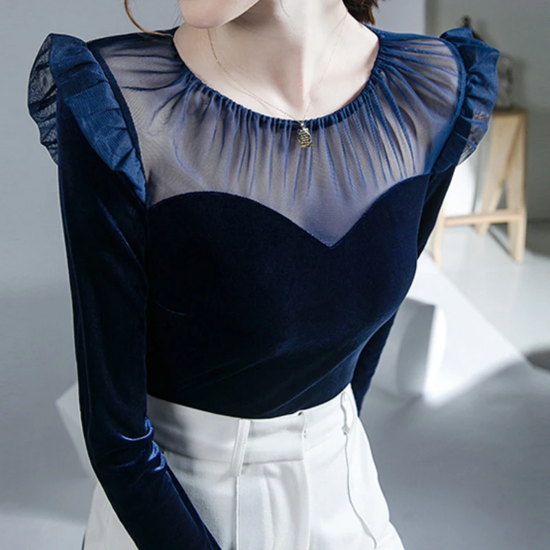 

OL T-shirt Woman Velvet Patchwork See-through Mesh Ruffled Backless T-Shirts Female Office O Neck Long Sleeve Top Dropshipping