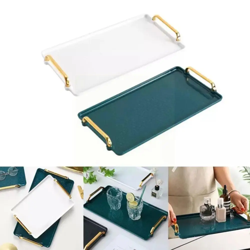 

Tray Golden Handle Nordic Transparency Storage Pallet Tea Kitchen Tray Rectangle Serving Sundries Cup Home Supplies Set D4I1