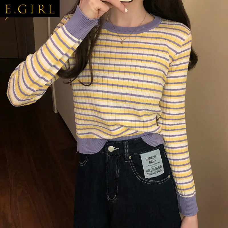 T-shirts Women Retro Striped Spring Autumn Knitting Preppy Style Ladies Long Sleeve All-match Students Simple Screw Thread Chic