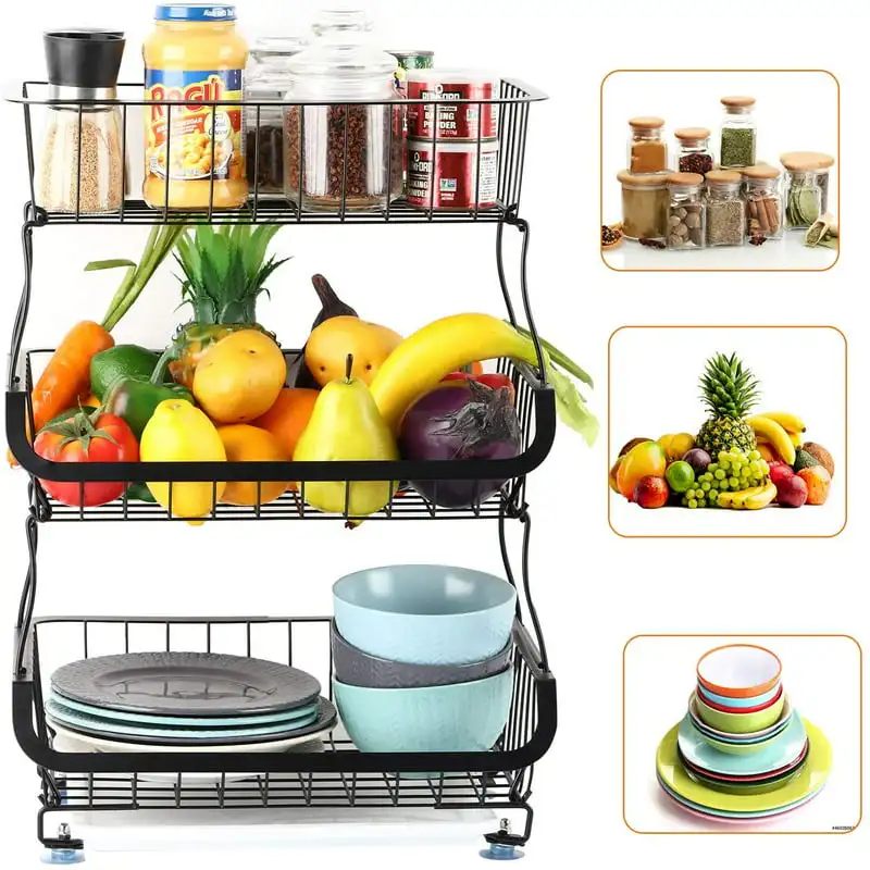 

3-Tier Metal Wire Baskets Stackable Storage Baskets with Rolling Wheels