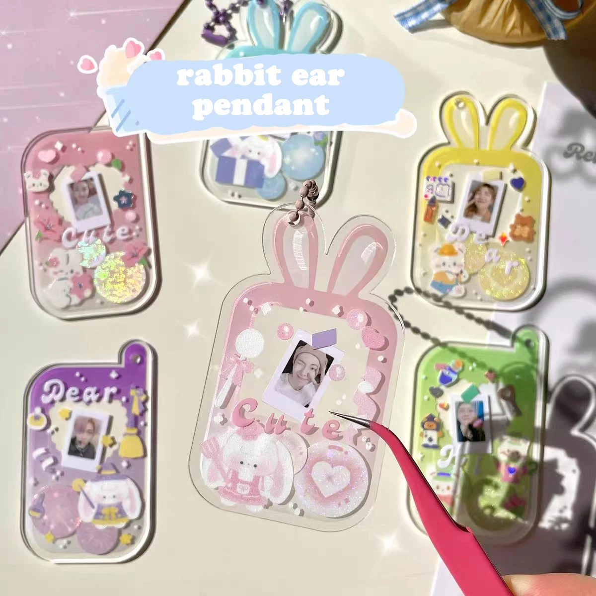 

Gradient DIY Rabbit Ear KeyChain collage Gucca Cute Transparent Acrylic Disc Star Chasing Pendant School Stationery