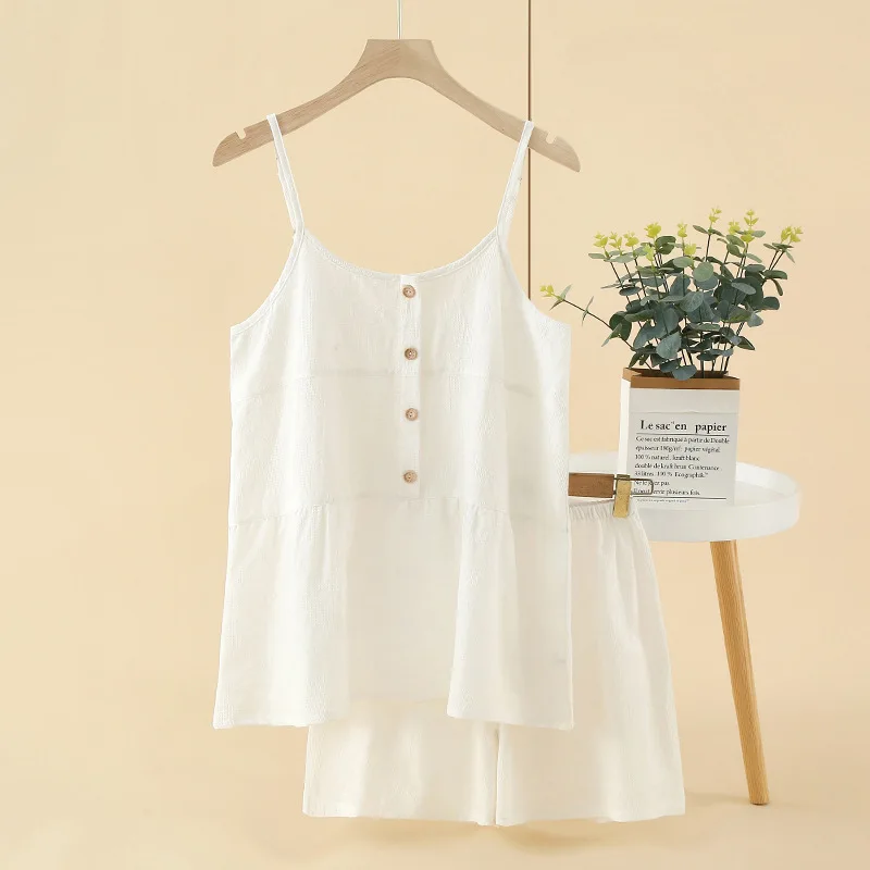 

Cotton Solid Spaghetti Strap Sleeveless Shorts Pajama Set Thin Breathable Loose Comfortable Summer Home Suit Loungewear Women