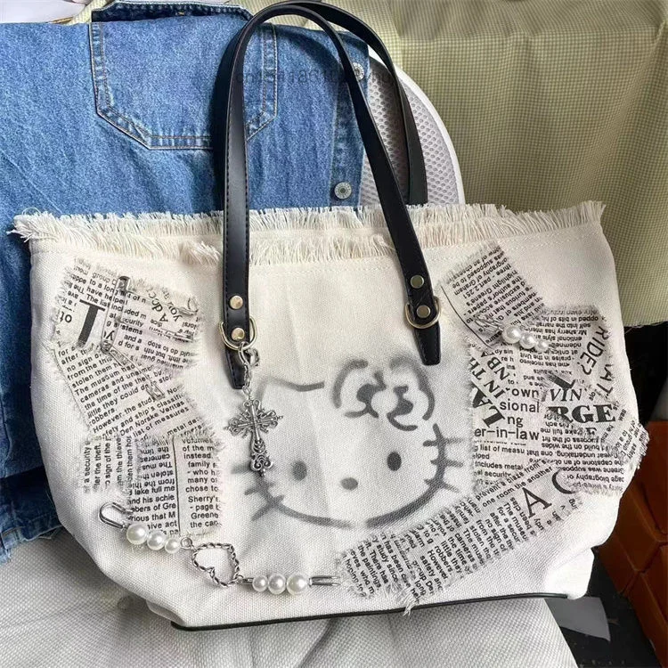 New Design Hello Kitty Cat Embroidered Canvas Shoulder Bag Y2k Large Capacity Tote Casual Women's Bag Shopping Storage Handbag