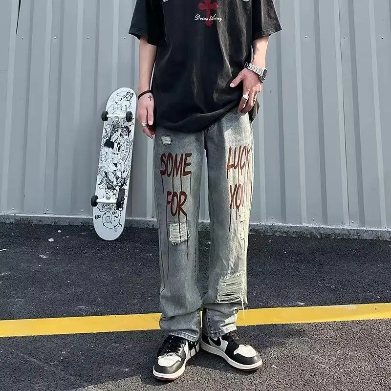 DEEPTOWN Ripped Motorcycle Jeans for Men Streetwear Denim Trousers Male Loose Casual Punk Printing Men's Youth Straight Hip Hop