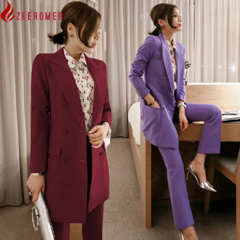 

ZEEROMER High Quality Women Work 2 Piece Set Business 2023 Formal Double-Breasted Long Blazer Coat + Office Pencil Trousers Suit