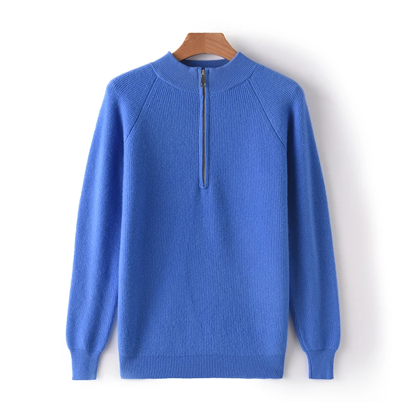 100% pure wool cashmere sweater men's half turtleneck pullover autumn and winter new zipper collar top casual loose sweater